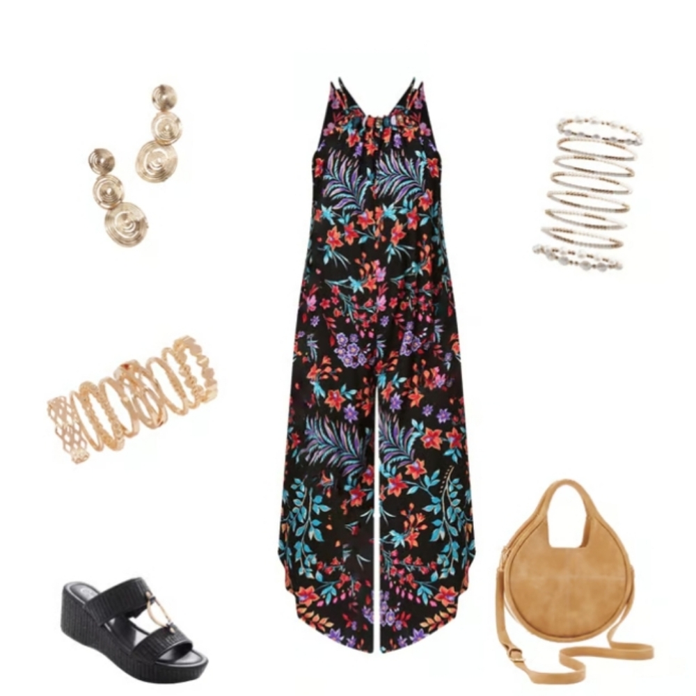 NWOT: Beaded Floral Sleeveless Jumpsuit - Large